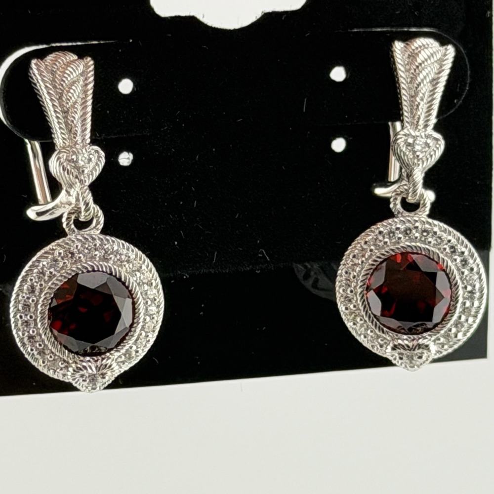 Judith Ripka Red Garnet Drop Earrings 925 Sterling Silver Heart Halo - Picture 4 of 10